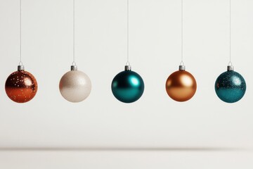 Five christmas balls hanging on white background representing christmas decoration