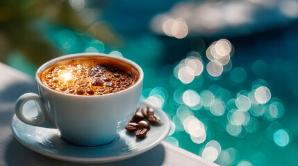 Cup of hot coffee with foam on saucer and beans, placed outdoors with turquoise sea and sunlight bokeh in the background