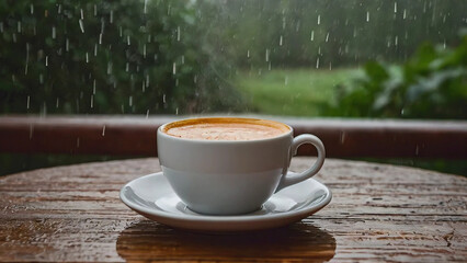 A cup of warm drink with a saucer on a wooden table on a rainy day