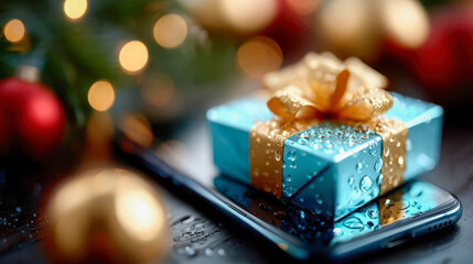 Blue gift box with golden ribbon and water drops placed on smartphone, holiday lights in background symbolizing festive digital gifting