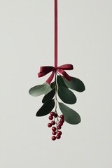 Mistletoe sprig hanging from red ribbon symbolizing christmas tradition