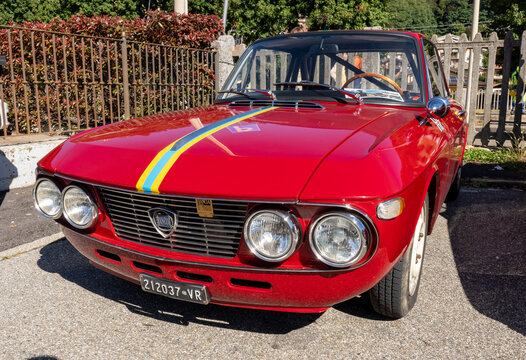 Old Italian car, Lancia Fulvia HF, on exhibition during a vintage car rally in Varallo Sesia, Italy, September 29, 2025