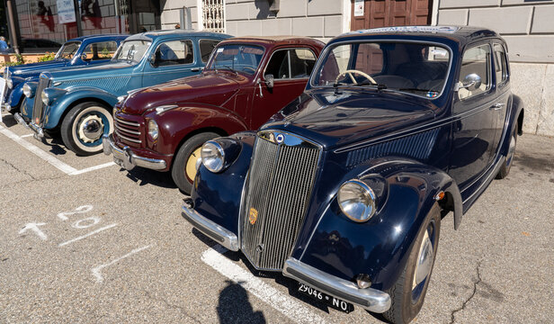 Parade of old Italian cars on exhibition during a vintage car rally in Varallo Sesia, Italy, September 29, 2025