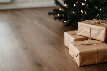 Christmas gifts wrapped in brown paper lying under decorated christmas tree