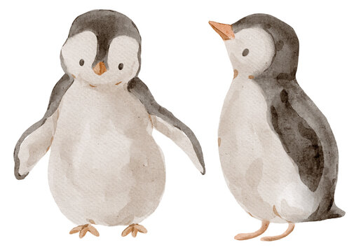 Watercolor Penguin Chicks, Cute Arctic Birds, Winter and Christmas Decor, Cards and Posters