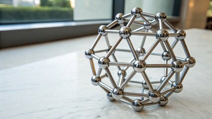 Geometric metallic structure on marble surface in natural light