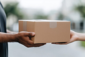 Delivery man giving cardboard box to client