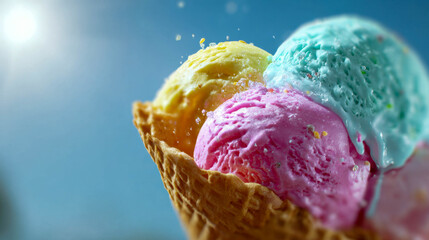 Close-up of triple scoop colorful ice cream cone with sprinkles, vibrant and appetizing