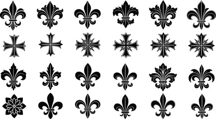 Fleur-de-lis and cross symbol set, heraldic vector icons, black and white sketch, decorative emblem grid, traditional design artwork