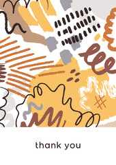 Abstract scribble card design. Playful drawn doodles with random brushstrokes, blobs, spots pattern, modern background with thank you phrase. Creative freehand shapes, poster. Flat vector illustration