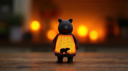 A charming bear figurine glows warmly against a backdrop of soft lights, showcasing a silhouette of a smaller animal on its illuminated body.