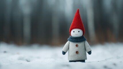 A whimsical doll in winter attire stands on snow, surrounded by a blurred forest backdrop, evoking a sense of magic and nostalgia.