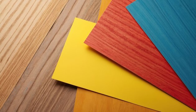 Collection of colorful wood veneer samples and solid color sheets laid out for design choices. Various wood grains and bright colors offer material options for furniture and decor.