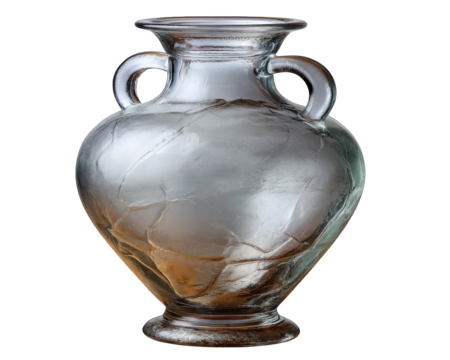Elegant decorative glass vase sculpture with an antique amphora shape. This isolated classical urn with cracked texture evokes sense of timeless, fragile beauty