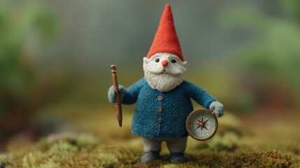 A whimsical gnome figurine holds a compass and staff, adorned in a blue coat and red hat, set against a natural background of moss.