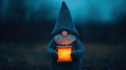 A whimsical gnome figure in a cozy sweater, holding a glowing lantern, stands against a dark, moody background.
