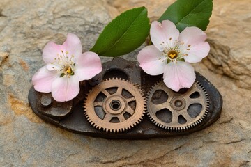 Pink blossoms resting on gears showcasing nature and mechanics