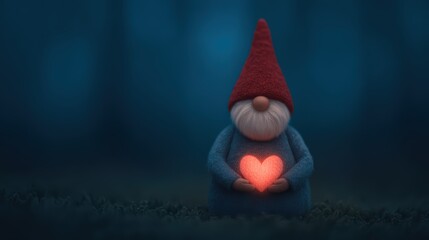 A charming gnome holds a glowing heart, set against a mystical blue background, evoking feelings of warmth and affection.