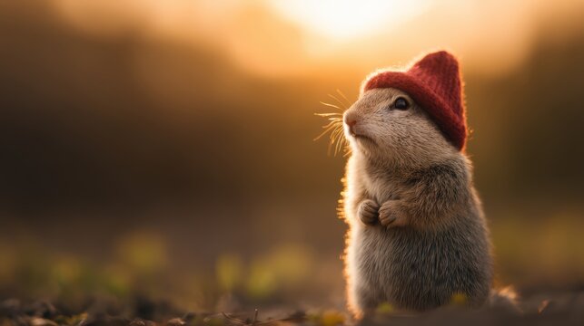 A small animal wearing a red hat stands thoughtfully against a warm, glowing background, evoking a sense of whimsy and charm.