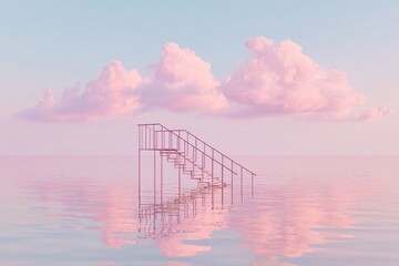 Pink Staircase Extending Into Still Water Reflecting Pastel Clouds