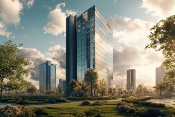 Naklejka premium Modern skyscraper surrounded by lush greenery in an urban setting at sunset