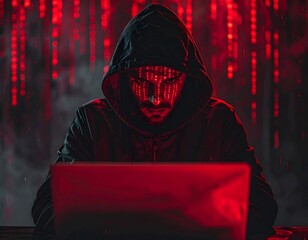Dark dramatic portrait of a hooded hacker at a laptop