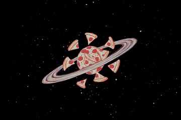 Pizza Planet in Space with Floating Pizza Slices Orbiting