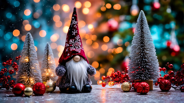 A gnome sitting in front of a christmas tree with ornaments on it