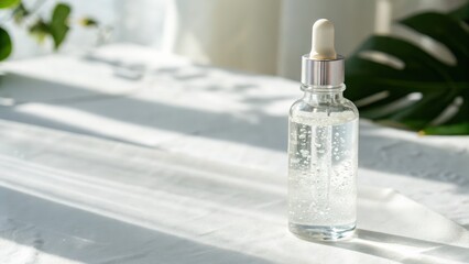 Obraz premium Clear glass dropper bottle with liquid on surface with natural lighting