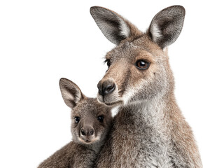 Fototapeta premium Closeup portrait of a mother kangaroo with her joey on a transparent background