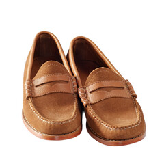 Close-up shot of two brown suede penny loafers, showcasing their classic design and texture. The shoes are set against a clean white backdrop.
