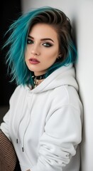 Stylish young woman with blue hair posing against a white wall