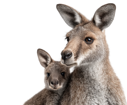Closeup portrait of a mother kangaroo with her joey on a transparent background