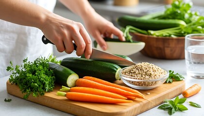 Person's hands chopping zucchini on a wooden board, preparing a nutritious and healthy meal with various fresh vegetables and quinoa
