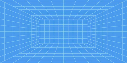 3d wireframe grid room. 3d perspective laser grid 16 9.. Cyberspace blue background with white mesh. Futuristic digital hallway space in virtual reality. Vector illustration.