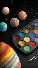 Planetary Models and Watercolor Palette on Dark Background
