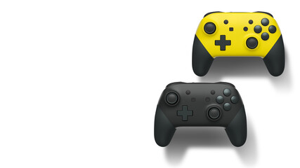 Wireless gaming controllers flying in air isolated on white background, symbolizing gaming technology concept