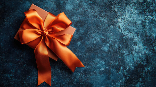 Gift box wrapped in gleaming orange ribbon resting on navy textured surface, suggesting celebratory mood with space for holiday messaging