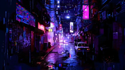 Neon-lit cyberpunk street in glitch pixel art style with scattered neon dots and distorted pixel patterns. clean sharp 4k resolution illustration with vibrant futuristic atmosphere, perfect for sci fi