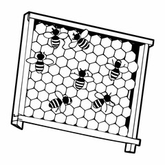 Outline drawing of a beehive frame with multiple bees on honeycomb insect apiary