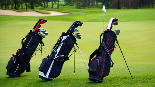 Three golf bags stand on a beautifully manicured golf course as a flag flutters softly in the background. The sun shines down on this peaceful scene, inviting players to enjoy the day