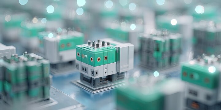 Focus on modular components, with bright green accents. They sit on a circuit board