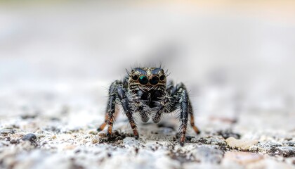 Close-up of a small, black and gray jumping spider with vibrant green eyes, resting on a blurred, light-colored textured surface
