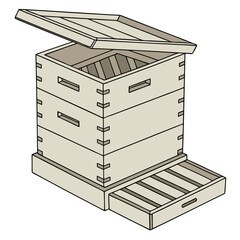 Stacked Wooden Beehive Boxes with Open Lid and Drawer bee house