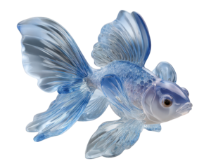 Elegant blue ice sculpture of beautiful goldfish. frozen marine element with delicate, translucent fins. This glass art object shows cold crystal figurine isolated and clear