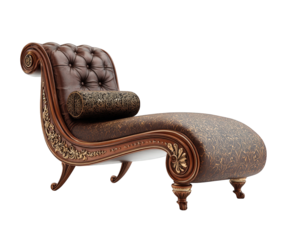 Elegant brown leather chaise lounge with tufted back and ornate carved wood details, isolated on transparent background