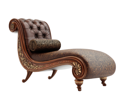 Elegant brown leather chaise lounge with tufted back and ornate carved wood details, isolated on transparent background