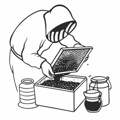 Beekeeper extracting honey from a honeycomb into a container extraction process