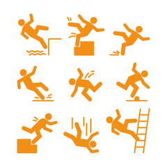 Set of caution symbols with falling stick figure man. He falls down the stairs and over the edge. Wet floor, stuck on stairs. Workplace safety
