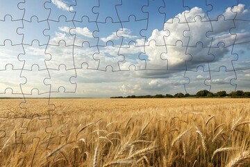 Puzzle of golden wheat field under cloudy blue sky